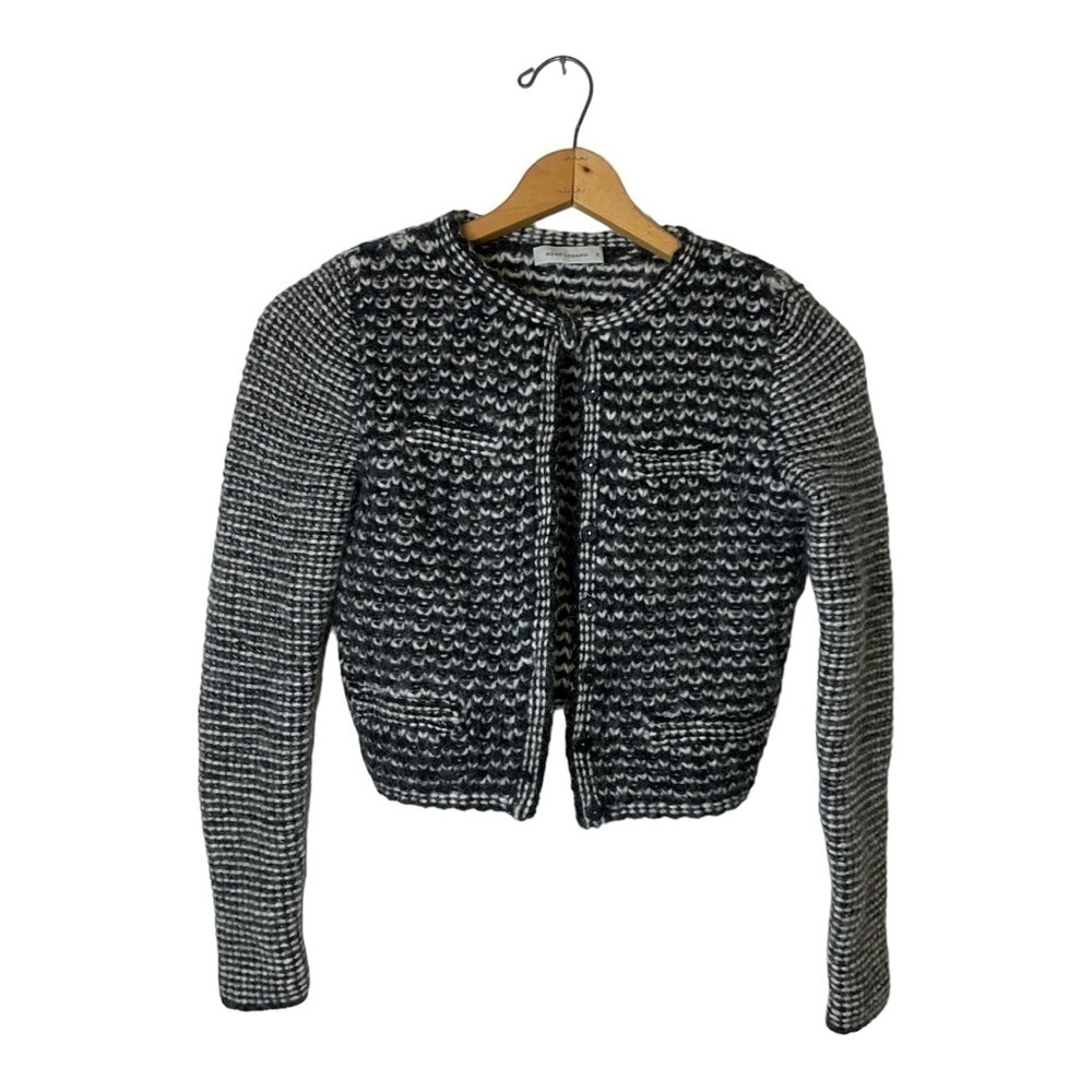 Rene Lezard Cropped Knit Cardigan Black Gray Alpaca Wool Blend XS
